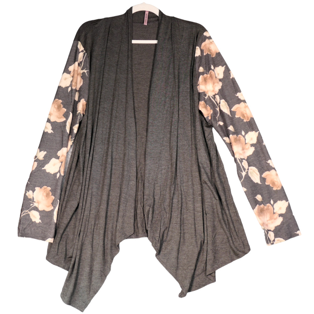 Cool Melon Cardigan Women 3XL Gray Floral Stretch Waterfall Hem Lightweight Boho